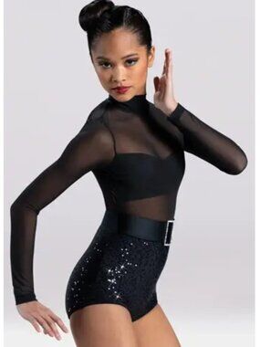 Weissman Yes I Can Black Sequin Mesh Long-Sleeve Bodysuit with Rhinestone Belt